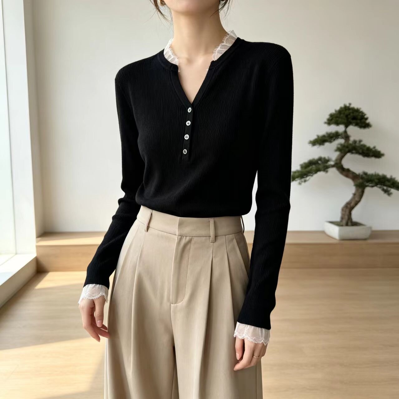 通勤羊毛V领蕾丝长袖T恤女