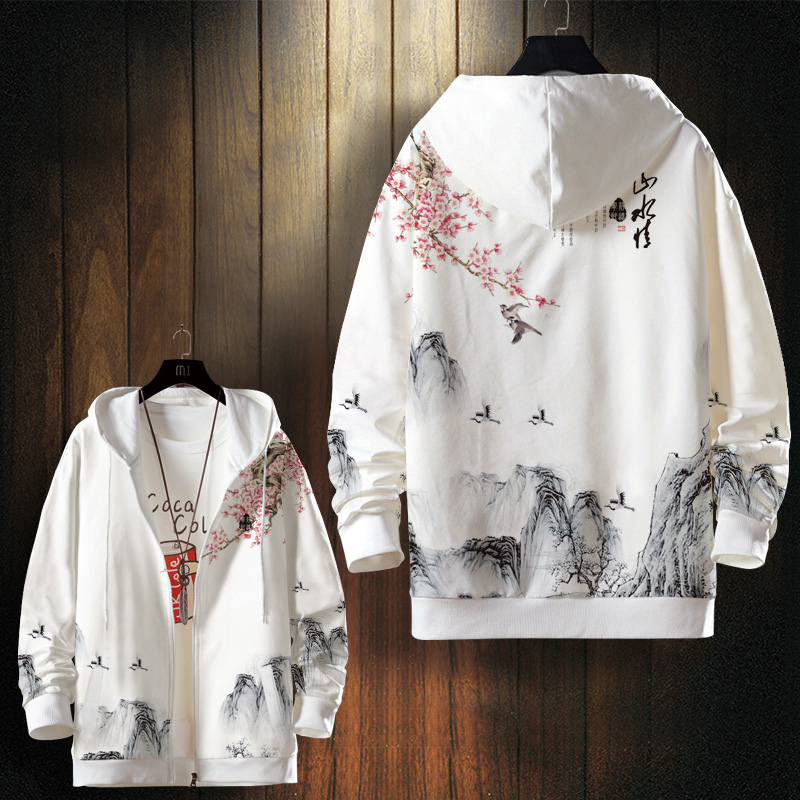 国潮古风山水卫衣男秋季加绒开衫