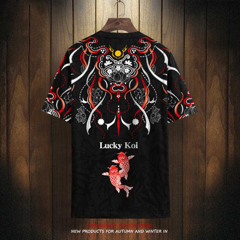 中国风短袖T恤男潮流加肥大码冰丝半袖国潮锦鲤印花体恤夏季上衣