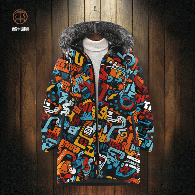 加厚羽绒服外套男秋冬新款涂鸦印花连帽棉服中长款可拆卸内胆棉衣
