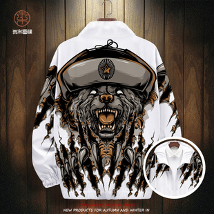 狗熊印花夹克外套男秋冬季新款翻领茄克oversize休闲运动潮牌上衣