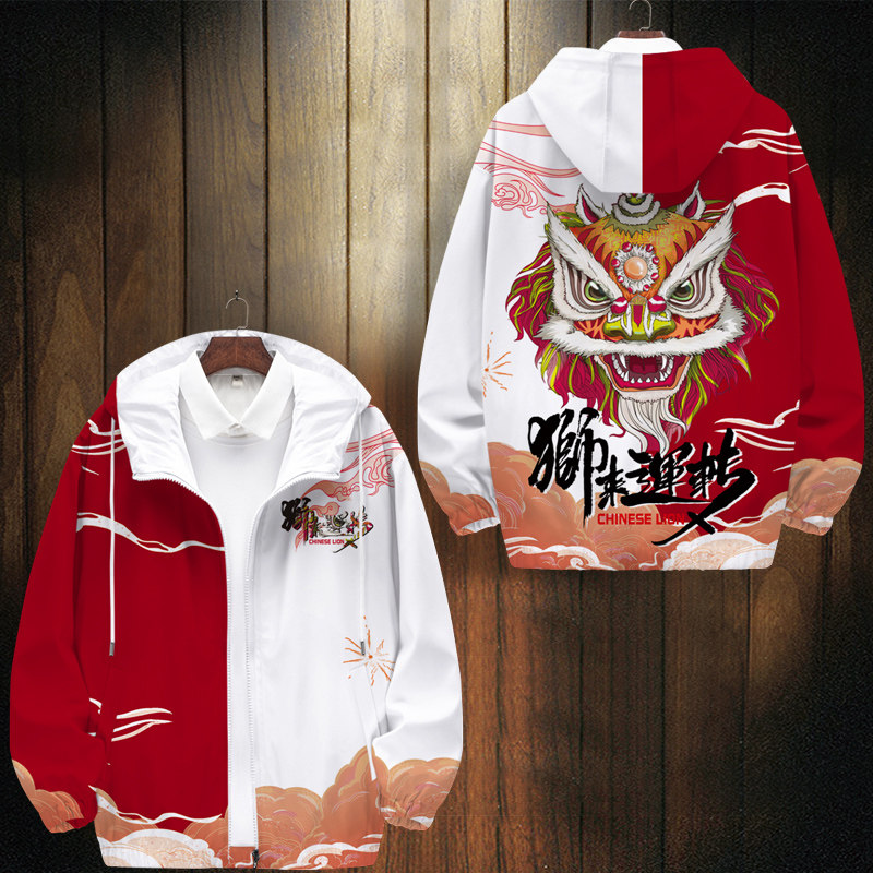 男士夹克外套中国风醒狮印花大码休闲上衣小众设计感百搭潮牌衣服