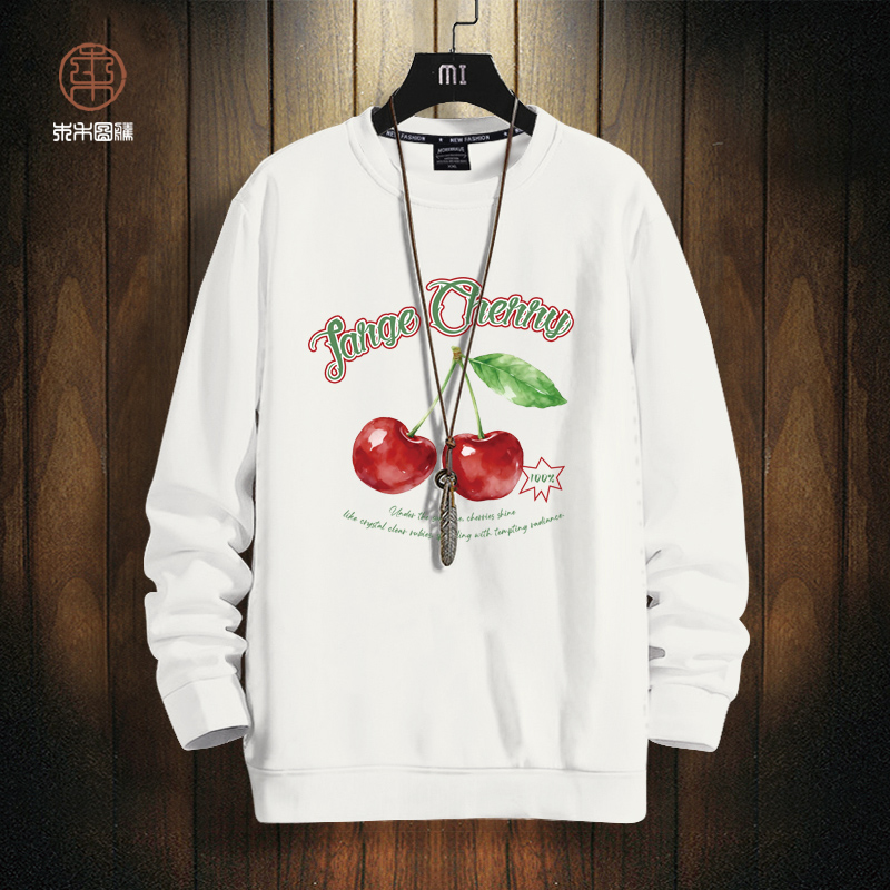 冬季新款卫衣外套男生水果樱桃印花潮流加绒加厚大码圆领长袖T恤