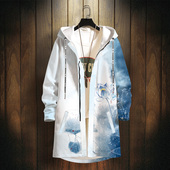 加厚棉服中国风开衫 中长款 连帽大衣潮 款 国潮山水风衣外套男秋冬季