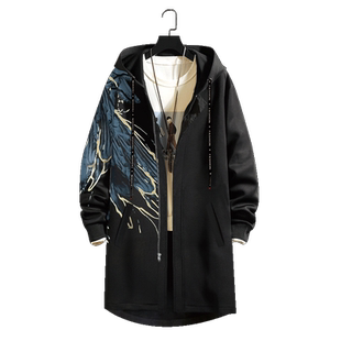 翅膀印花风衣外套男生2025新款秋季中长款加厚大衣中国风连帽开衫