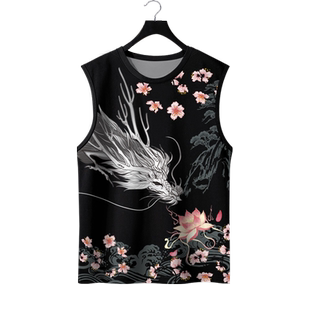 中国风无袖T恤男士龙图案背心宽松大码薄款砍袖坎肩宽松加肥上衣