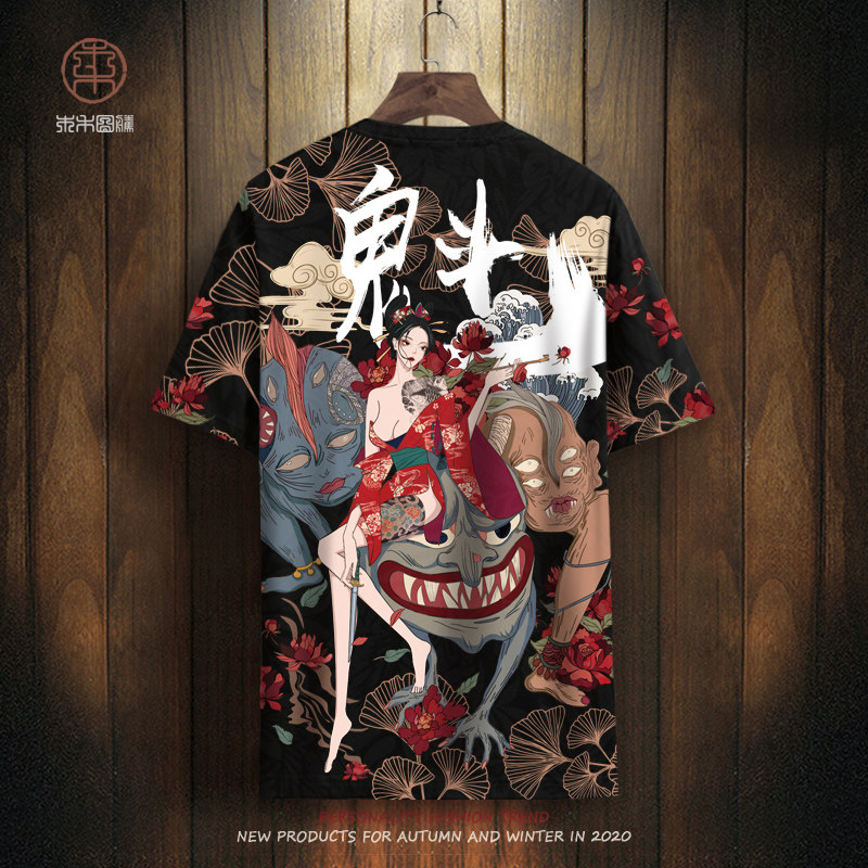 中国风冰丝t恤男士夏季日系复古短袖潮牌潮流印花半袖加大码男装