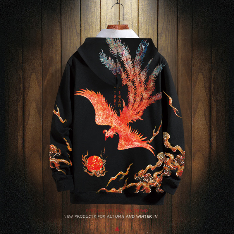 国潮连帽卫衣男秋季新款凤凰印花