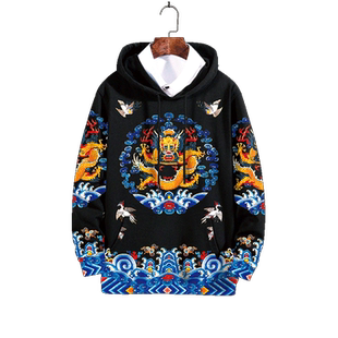 皇帝龙袍连帽卫衣外套男春秋加绒大码加肥上衣中国风休闲运动衣服