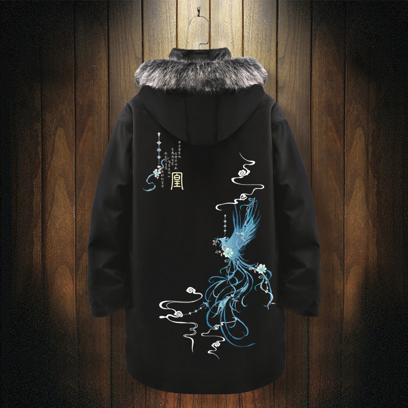 凤凰印花国风羽绒服外套男中长款连帽开衫可拆卸内胆加厚保暖棉服