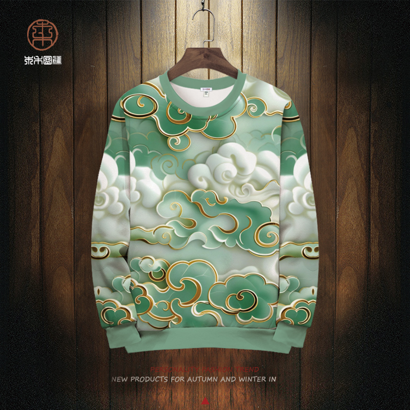新款3D中国风圆领卫衣男士潮流2025秋冬季长袖T恤祥云印花外套