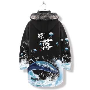 ins国潮鲸鱼印花羽绒服男士中长款连帽棉服外套大码防寒加厚棉袄