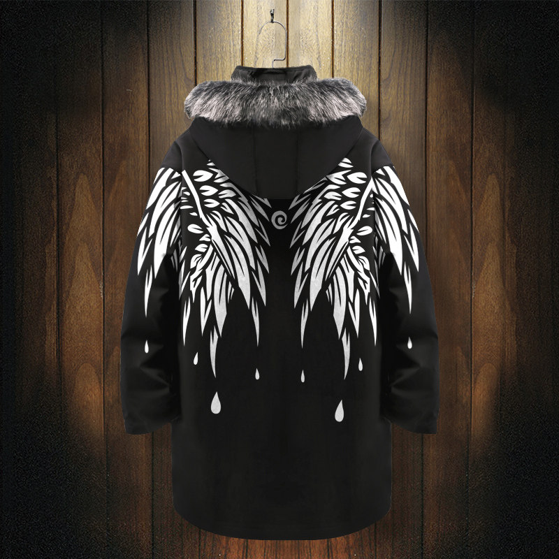 翅膀印花羽绒服男冬款加厚中长款加肥大码连帽开衫大毛领外套棉袄