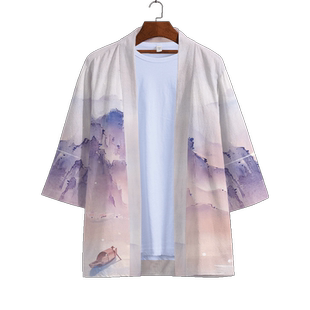 夏季日系复古浮世绘道袍男古风开衫和服披风外套改良汉服防晒唐装