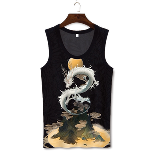 夏季龙图案上衣男大码背心宽松潮流加肥无袖T恤冰丝透气二道坎肩