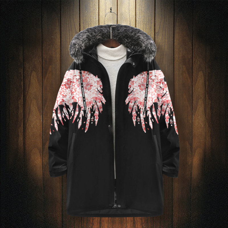 国潮大翅膀羽绒男春秋新款中长款加厚棉衣连帽外套青少年派克棉服