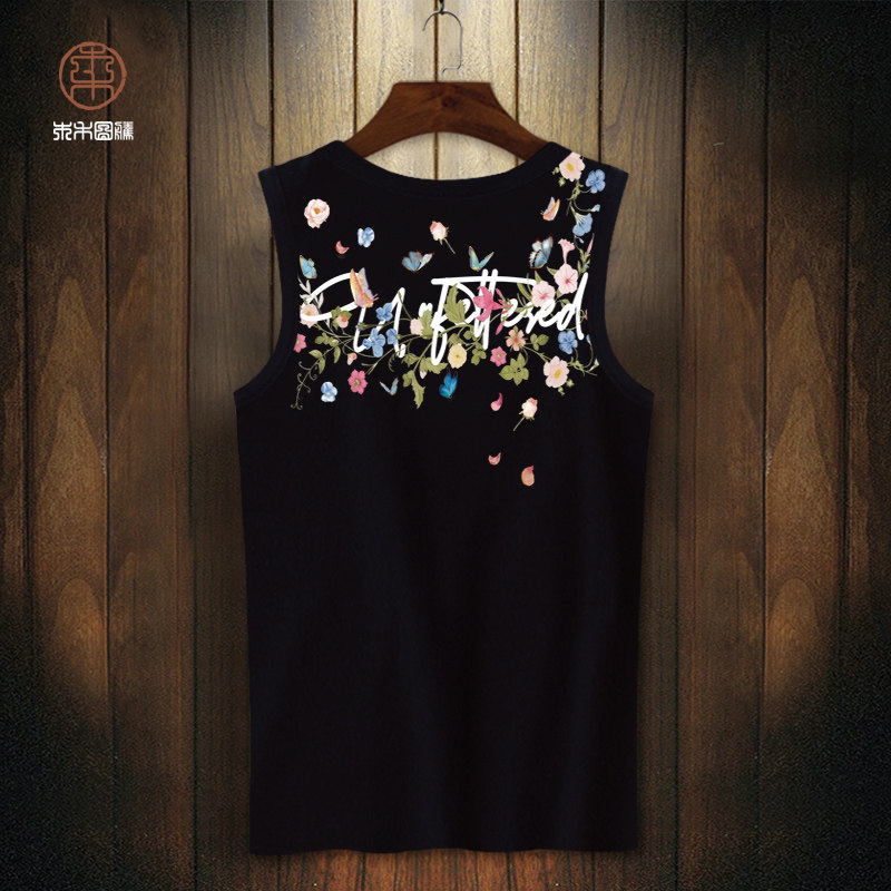 夏季薄款无袖T恤男设计感小众花图案圆领无痕背心oversize坎肩潮