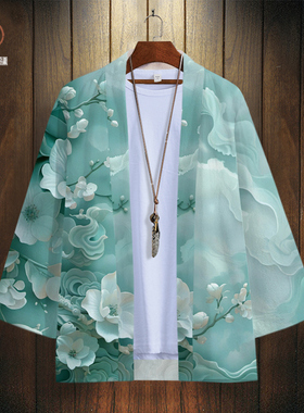 3D印花道袍外套男设计感小众古风七分袖衬衫oversize改良汉服披风