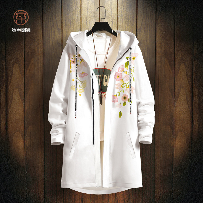 潮牌小花图案连帽风衣男冬季新款加厚外套oversize大衣中长款开衫