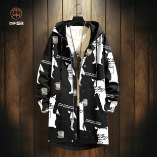 风衣男生连帽秋冬季宽松开衫外套卡通猫咪印花加厚大衣休闲中长款