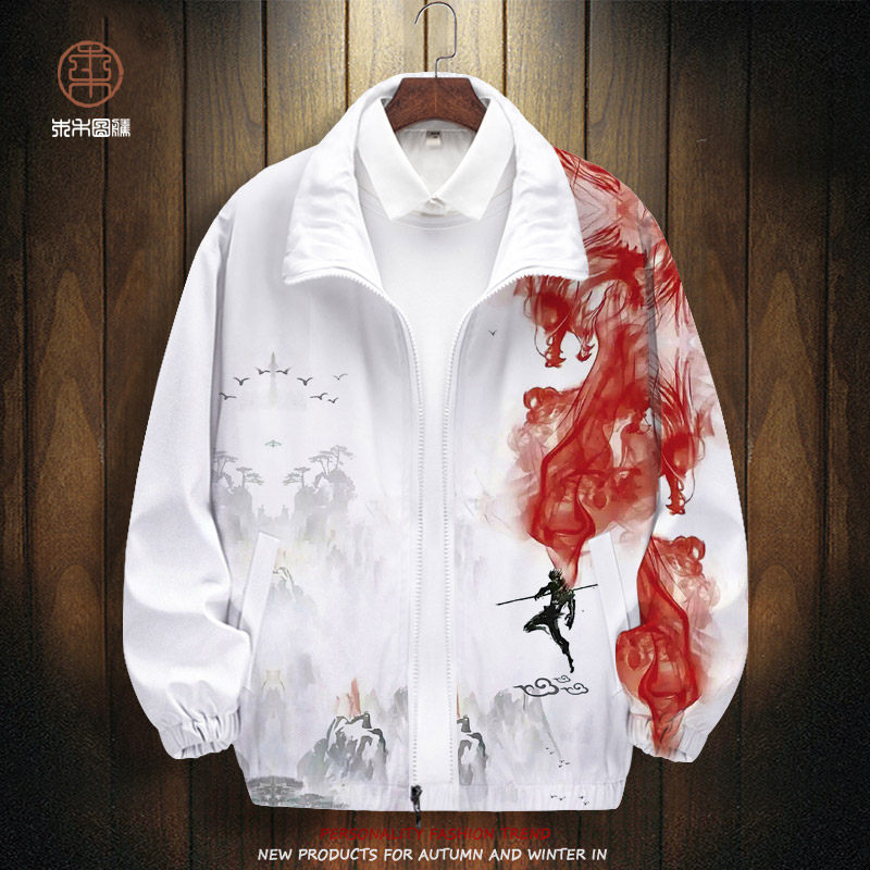 中国风夹克外套男士齐天大圣孙悟空印花无帽开衫秋冬新款加厚上衣