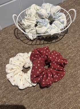 【三件19.9】Doki自制秋冬红色碎花纯棉纱布发圈手作印花大肠发圈