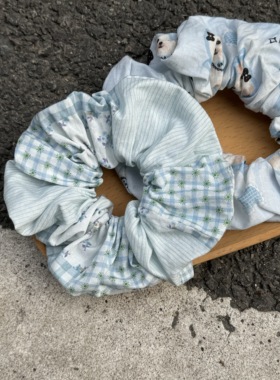 Doki自制复古碎花格子拼接大肠发圈女高级感慵懒风发绳低马尾发绳