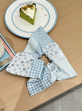 Doki自制复古碎花格子拼接方巾大肠发圈女高级感慵懒风发绳低马尾