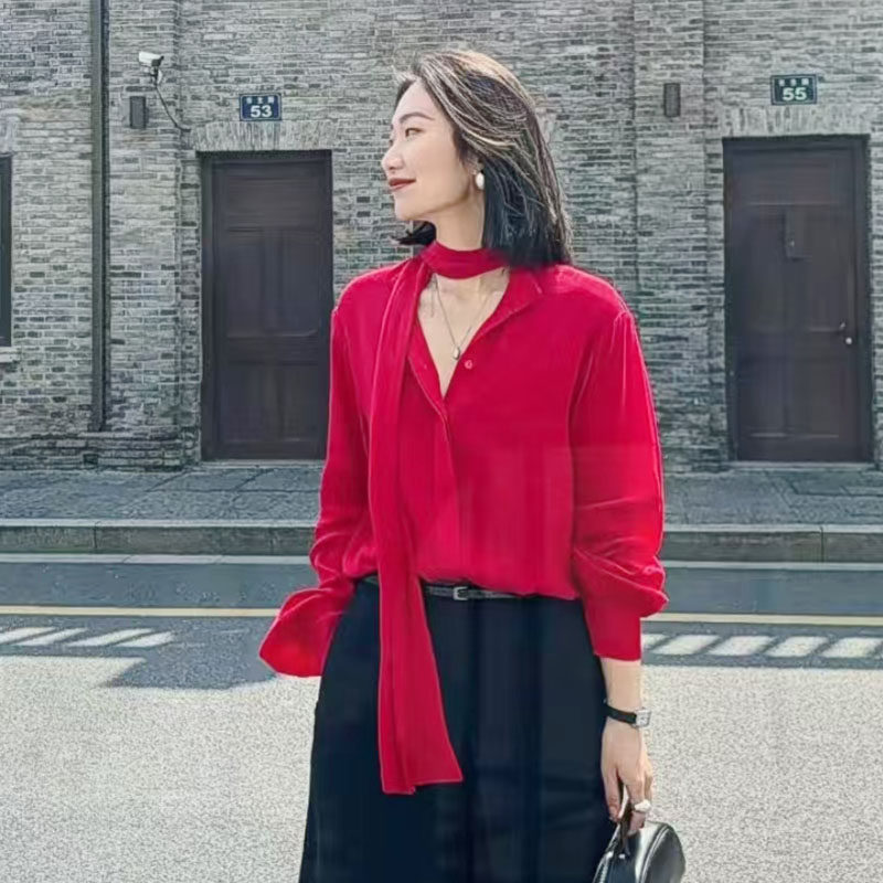小魅娘春季新款时尚气质百搭显瘦雪纺红色衬衫女上衣长袖雪纺衫