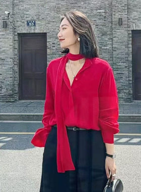 小魅娘春季新款时尚气质百搭显瘦雪纺红色衬衫女上衣长袖雪纺衫
