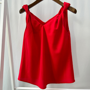 吊带背心2023夏季新款女士上衣宽松扭结设计感小众无袖红色雪纺衫