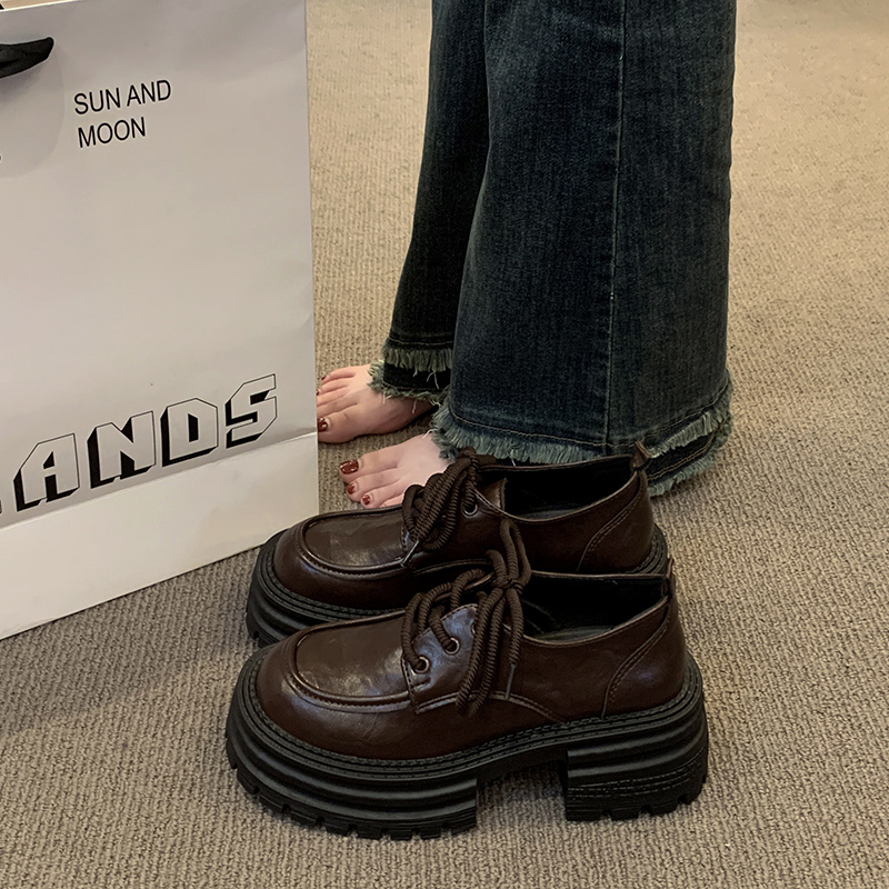 英伦风厚底增高系带小皮鞋女秋棕色深口单鞋2025新款玛丽珍乐福鞋