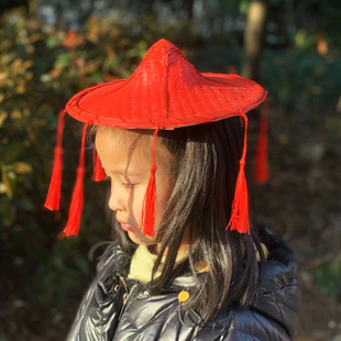 新款六一儿童表演舞蹈红色花腰斗笠竹编帽道具少数名族傣族头饰帽