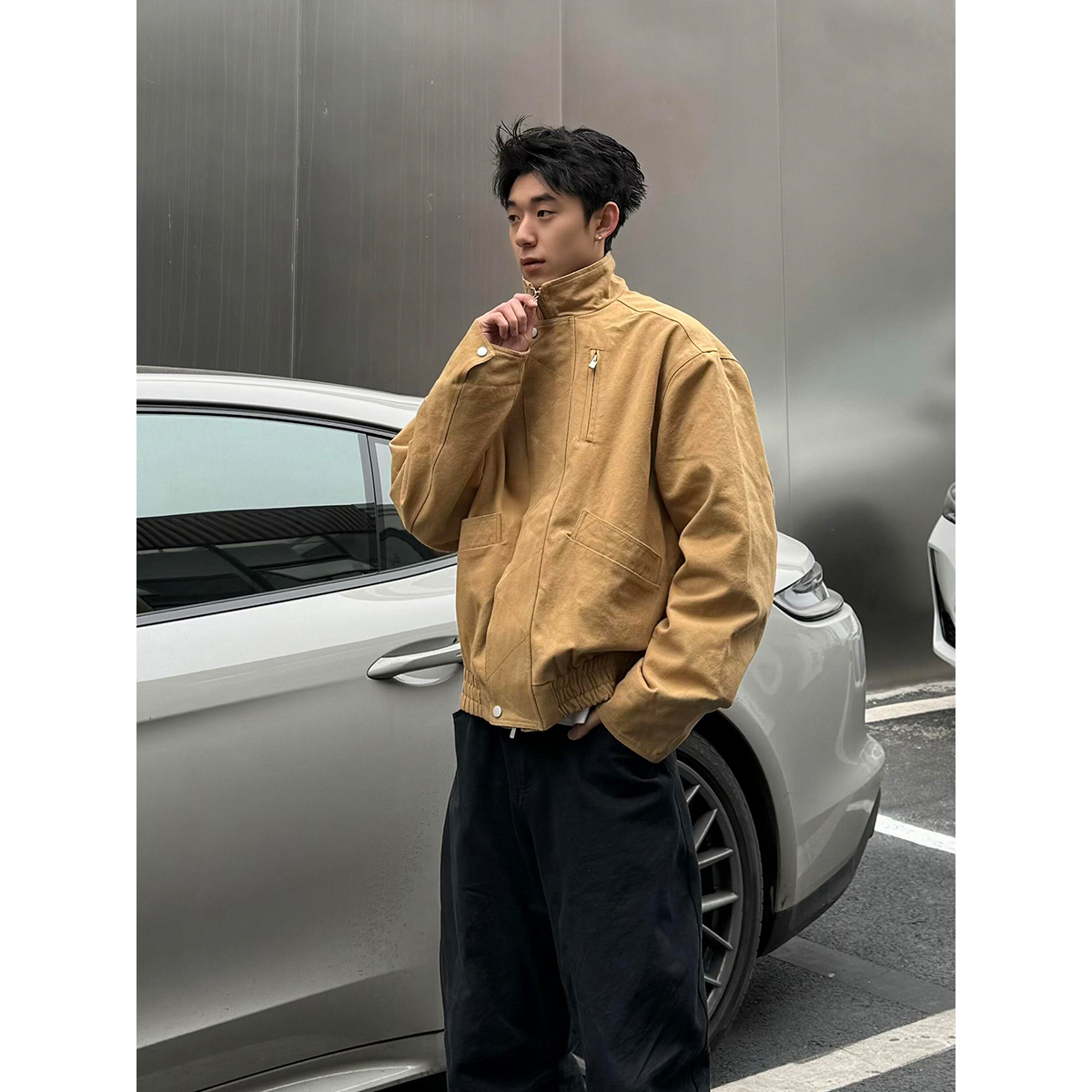 春季巴恩风bomber立领飞行夹克男美式复古短款宽松boxy工装外套潮