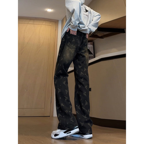 蝴蝶提花满印牛仔裤男款直筒痞帅高级感裤子美式高街秋冬微喇长裤