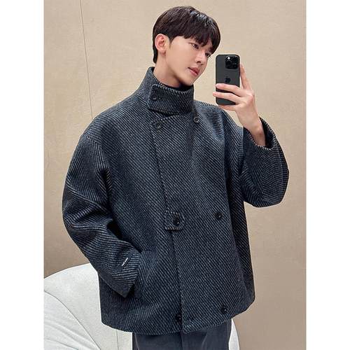 韩版短款加厚夹克男秋冬款韩系氛围感穿搭高级感潮牌立领毛呢外套
