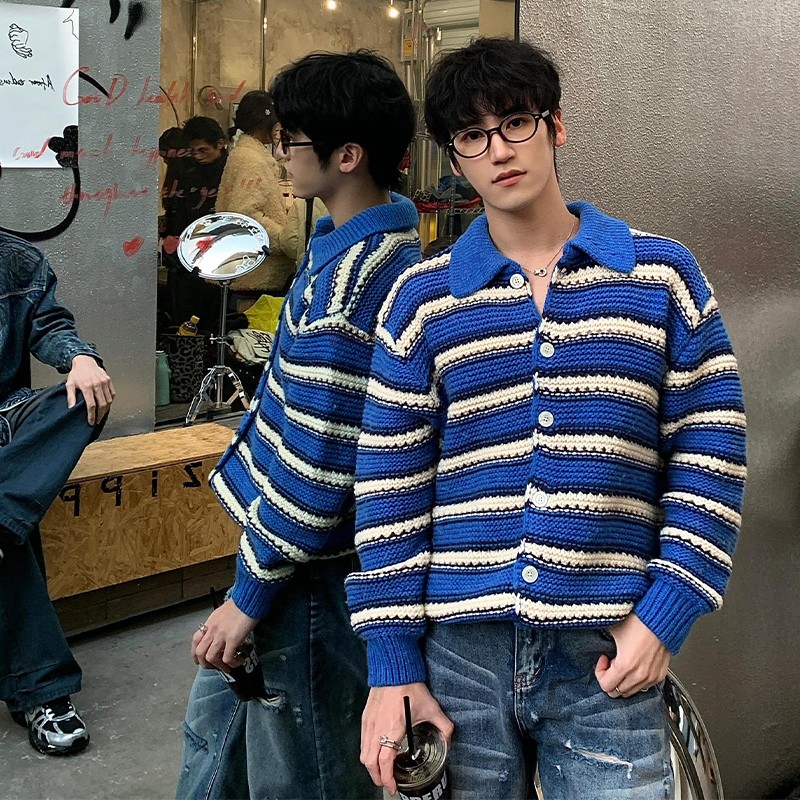 蓝白撞色条纹粗线针织开衫毛衣男秋季时尚韩系穿搭慵懒松弛感外套