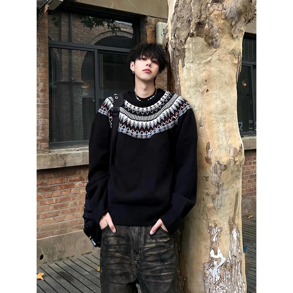 秋冬cleanfit圆领毛衣男女费尔岛美式复古慵懒风情侣针织衫外套男