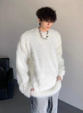 美式复古白色毛绒圆领毛衣男秋冬慵懒宽松高级感氛围感针织衫男女