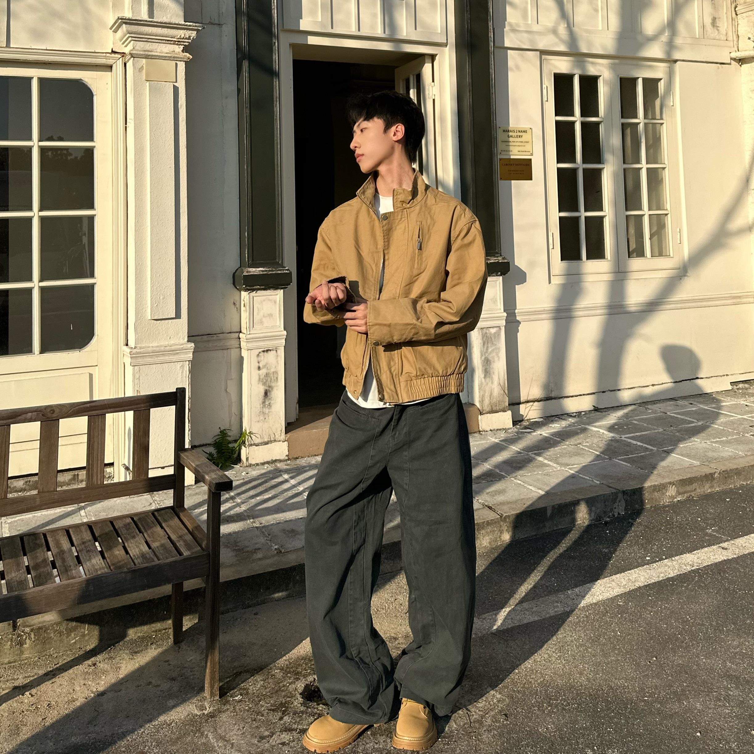 春秋季美式复古硬汉短款巴恩风夹克男女帆布立领飞行员工装外套男