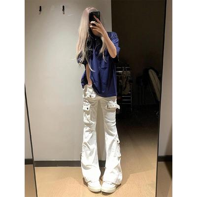 美式高街vibe白色牛仔裤男女cleanfit绑带工装裤子修身直筒微喇裤