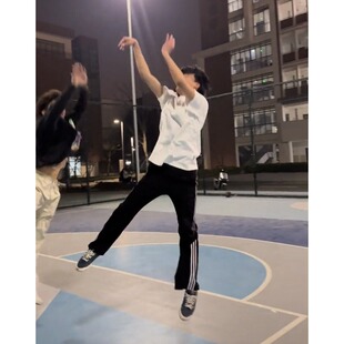 传奇商行夏季薄款学生条纹篮球裤黑色男女宽松休闲裤子美式运动裤