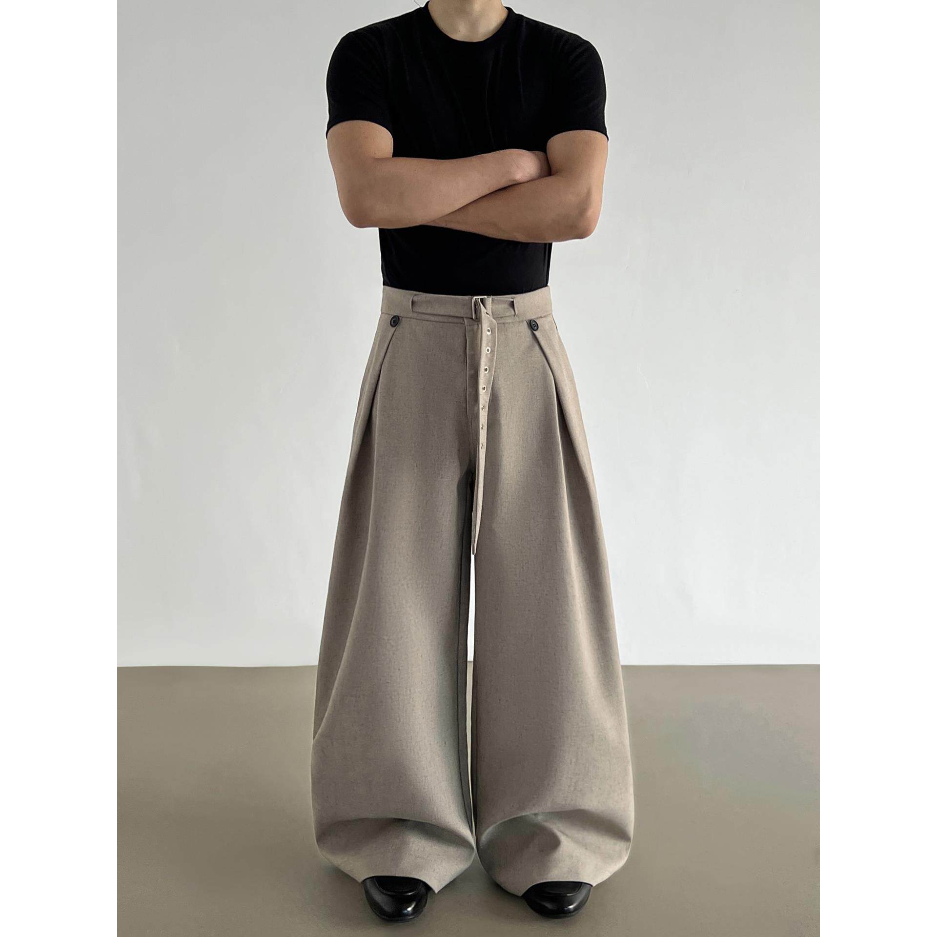 春秋季复古老钱风褶皱亚麻西裤男cleanfit直筒阔腿A字休闲裤男女