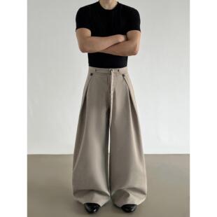 男女 男cleanfit直筒阔腿A字休闲裤 春秋季 复古老钱风褶皱亚麻西裤