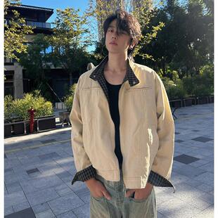卡其色短款秋季外套男款千鸟格拼接哈灵顿夹克青少年帆布工装上衣