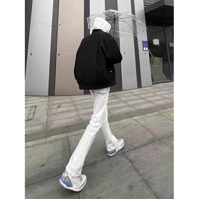 白色微喇牛仔裤男款夏季薄款美式高街高腰提档裤子修身窄版直筒裤