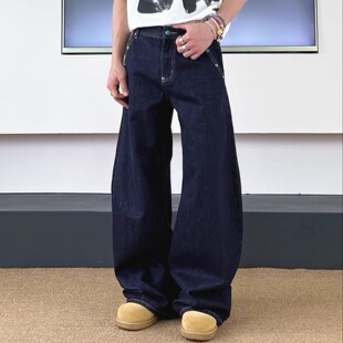 美式复古丹宁原色绿松石弯刀牛仔裤男女款A字宽松直筒阔腿长裤子