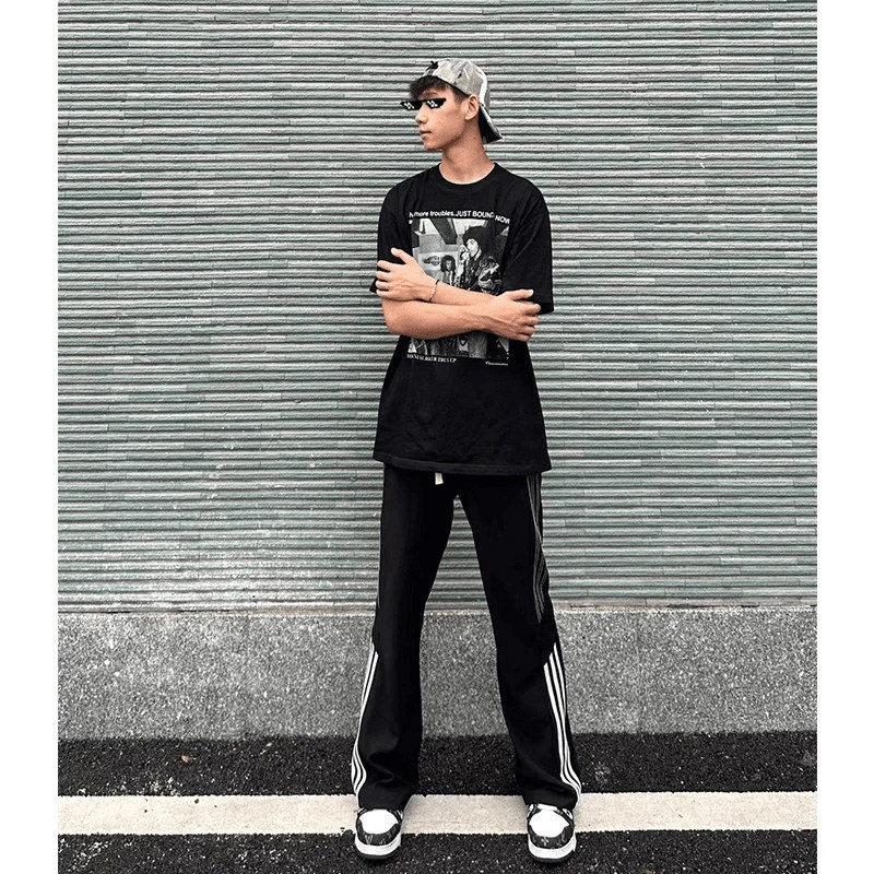 春秋美式三条杠裤子男生潮流拼接条纹运动裤男士cleanfit直筒卫裤