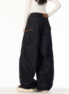 复古设计感大口袋弯刀牛仔裤男女宽松复古baggy阔腿刺绣拖地裤潮