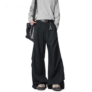 垂感百搭休闲裤 男夏设计感小众弯刀拖地裤 子 高街压褶阔腿西裤 美式